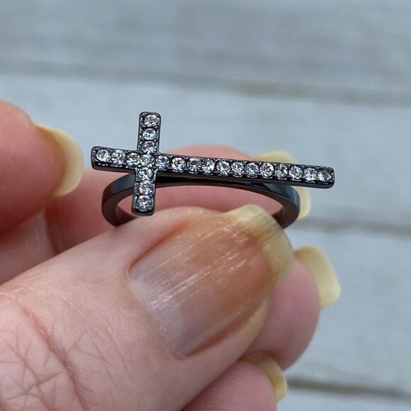 Sideways Cross Cobalt Black Crystal Brass Ring - Picture 3 of 7
